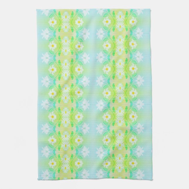 Pretty green And Teal Daisy Print Tea Towel (Vertical)