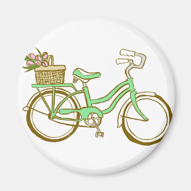 Pretty Green Bicycle with Tulips Magnet (Front)