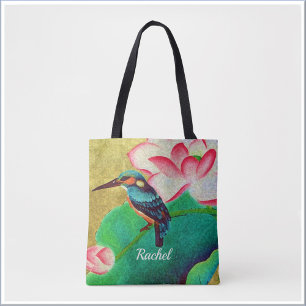Pretty Green Bird and Flower Tote Bag