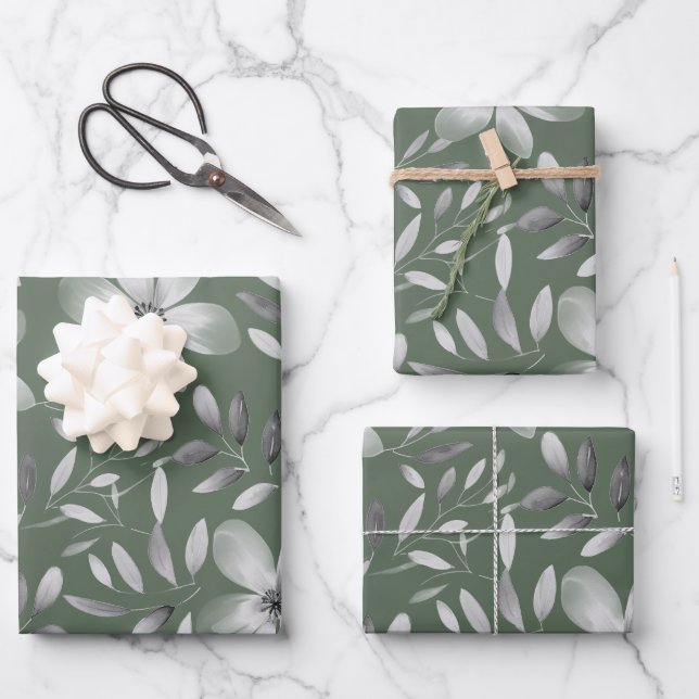 Pretty Green Botanical Floral Pattern Wrapping Paper Sheet (Front)