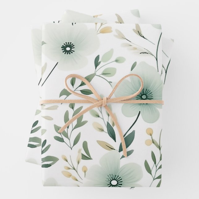 Pretty Green Botanical Floral Pattern Wrapping Paper Sheet (In situ)