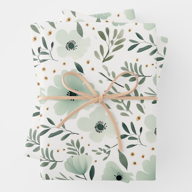 Pretty Green Botanical Floral Pattern Wrapping Paper Sheet (In situ)