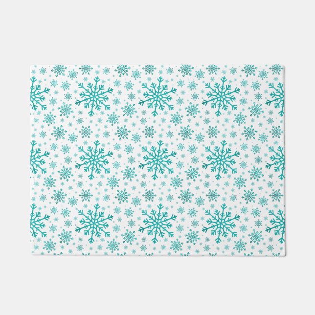 Pretty Green Christmas Snowflakes on Winter White Doormat (Front)