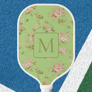 Pretty Green Floral custom monogram ladies  Pickleball Paddle