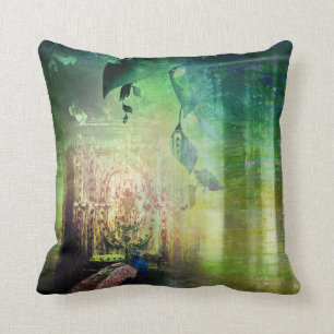 Pretty Green Gates of Paradise Peacock Forest Cushion