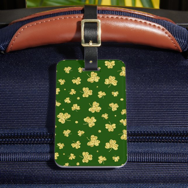 PRETTY GREEN & GOLD IRISH CELTIC SHAMROCKS LUGGAGE TAG (Front Insitu 2)