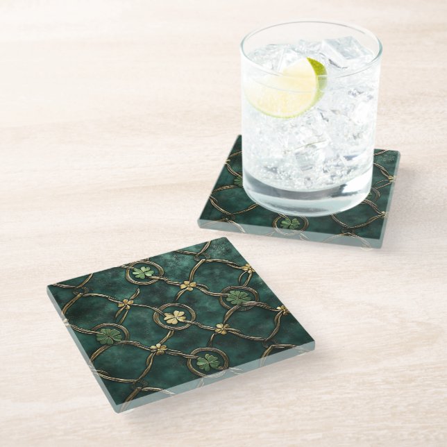 PRETTY GREEN & GOLD IRISH KNOTS & SHAMROCKS GLASS COASTER (Angled)