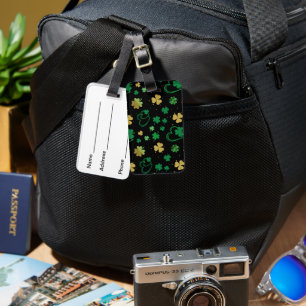 PRETTY GREEN & GOLD IRISH SHAMROCKS & HEARTS LUGGAGE TAG