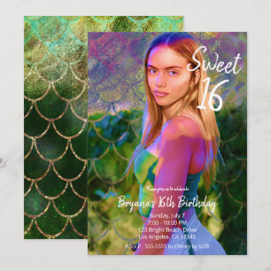 Pretty Green Gold Mermaid Photo Sweet 16 Party   Invitation
