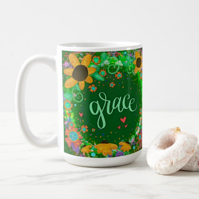 Pretty Green Grace Inspiring One Word Art Coffee Mug (With Donut)