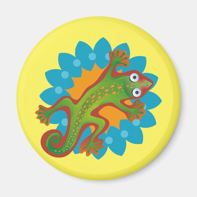 Pretty green lizard on flower, lizard magnet (Front)