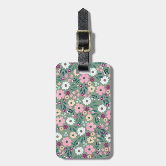 Pretty Green Pink flowers Botanical Luggage Tag (Front Vertical)