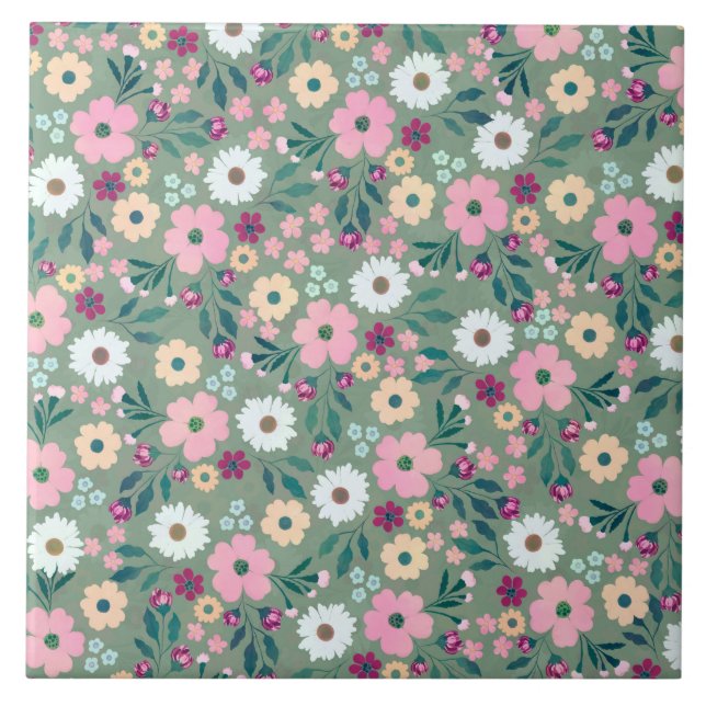 Pretty Green Pink flowers Botanical Tile (Front)