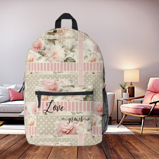 Pretty Green Pink Love Watercolor Roses Printed Backpack