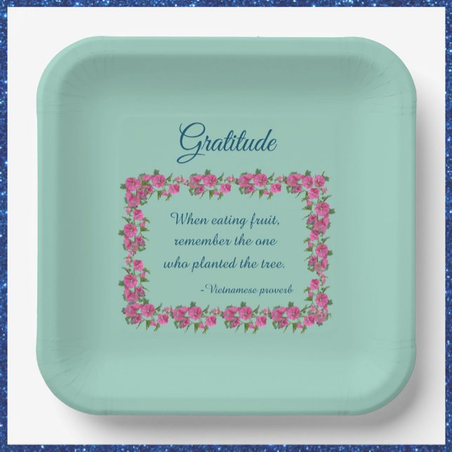 Pretty Green & Pink Roses Gratitude Paper Plate (Creator Uploaded)