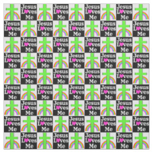 PRETTY GREEN RAINBOW AND CROSS JESUS LOVES ME FABRIC