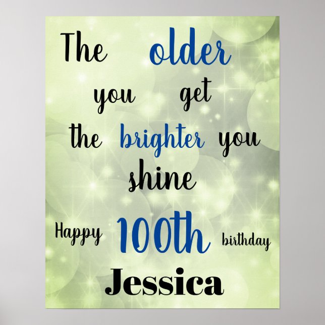 Pretty Green sparkle 100th Birthday Name Poster (Front)