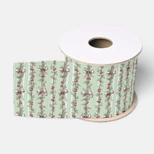 Pretty Green Toile Christmas Berries And Bows Grosgrain Ribbon