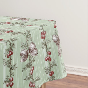 Pretty Green Toile Christmas Berries And Bows Tablecloth