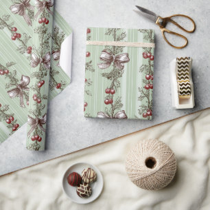 Pretty Green Toile Christmas Berries And Bows Wrapping Paper