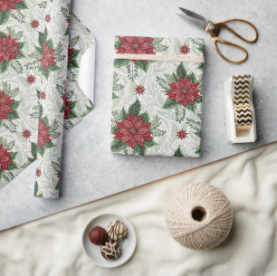 Pretty Green Toile Red Christmas Flower Pattern Wrapping Paper