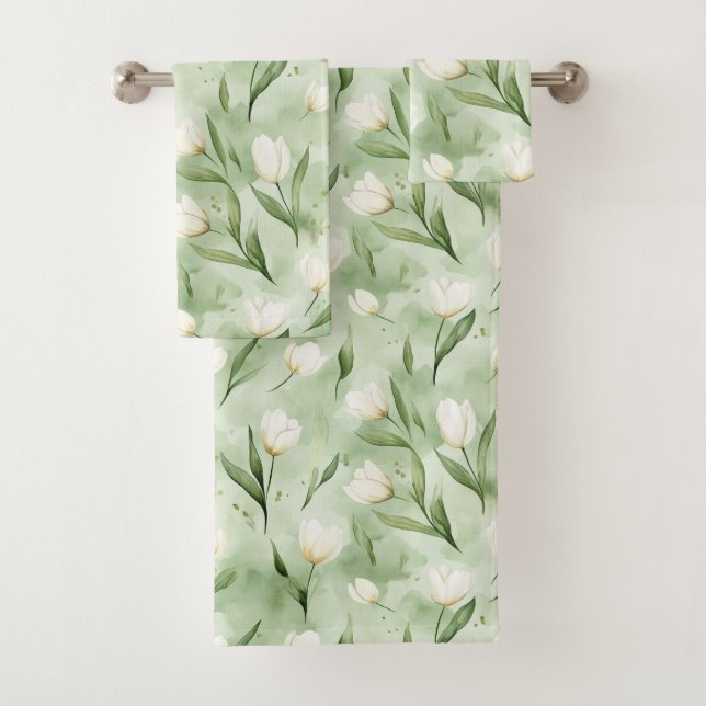 Pretty Green White Tulips   Bath Towel Set (Insitu)