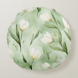 Pretty Green White Tulips Birds Round Cushion
