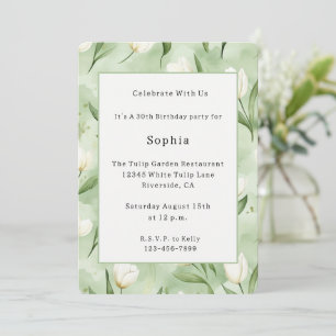 Pretty Green White Tulips Floral Birthday Invitation