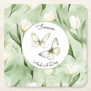 Pretty Green White Tulips Wedding Square Paper Coaster