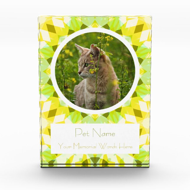 Pretty Green Yellow Pet Cat Dog Memorial Keepsake Photo Block (Front)
