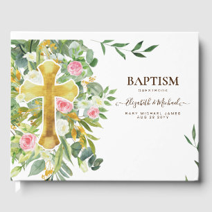 Pretty Greenery Gold Cross Baptism Christening Guest Book