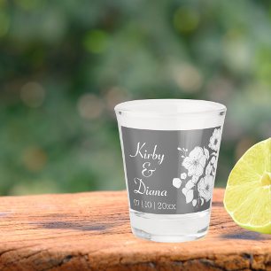Pretty Grey and White Floral Wedding Shot Glass