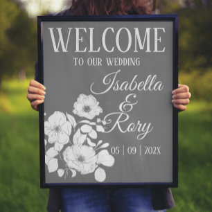 Pretty Grey and White Floral Wedding Welcome   Poster