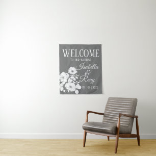Pretty Grey and White Floral Wedding Welcome Tapestry
