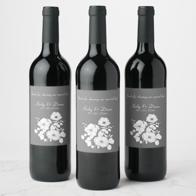 Pretty Grey and White Floral Wedding  Wine Label (Bottles)