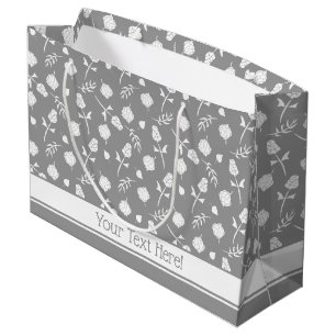 Pretty Grey and White Roses Rosebud Floral Print Large Gift Bag