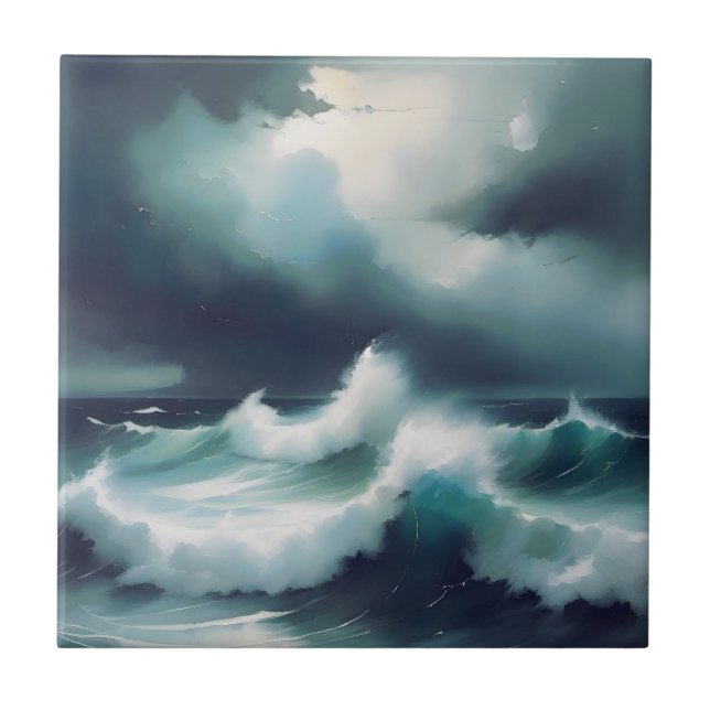 Pretty grey Blue Ocean waves watercolor painting Tile (Front)