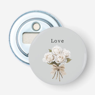 Pretty Grey Faux Lace White Roses Floral Bottle Opener