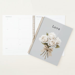 Pretty Grey Faux Lace White Roses Floral Planner