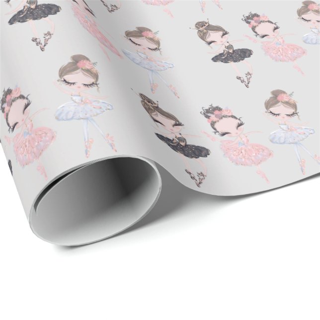 Pretty Grey Gold Blue Pink Watercolor Ballerinas Wrapping Paper (Roll Corner)