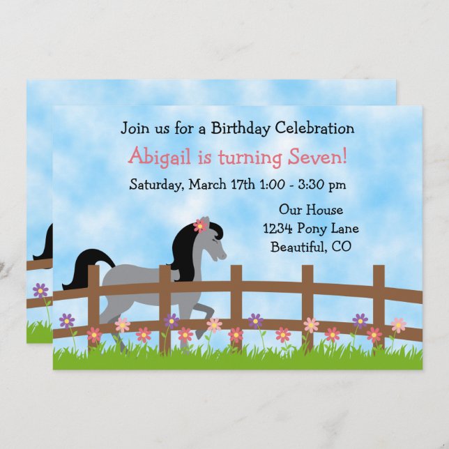 Pretty Grey Horse and Flowers Girl's Birthday Invitation (Front/Back)