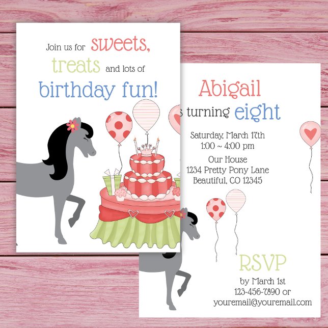 Pretty Grey Horse Pink, Green, Blue Birthday Party Invitation (Pretty Grey Horse Pink, Green, Blue Birthday Party Invitation)