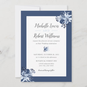 Pretty Grey Navy Blue Floral wedding Invitation