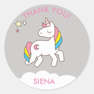 Pretty Grey Unicorn Birthday Party Thank You Classic Round Sticker