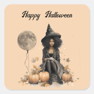 Pretty Halloween Witch and Full Moon Balloon Square Sticker