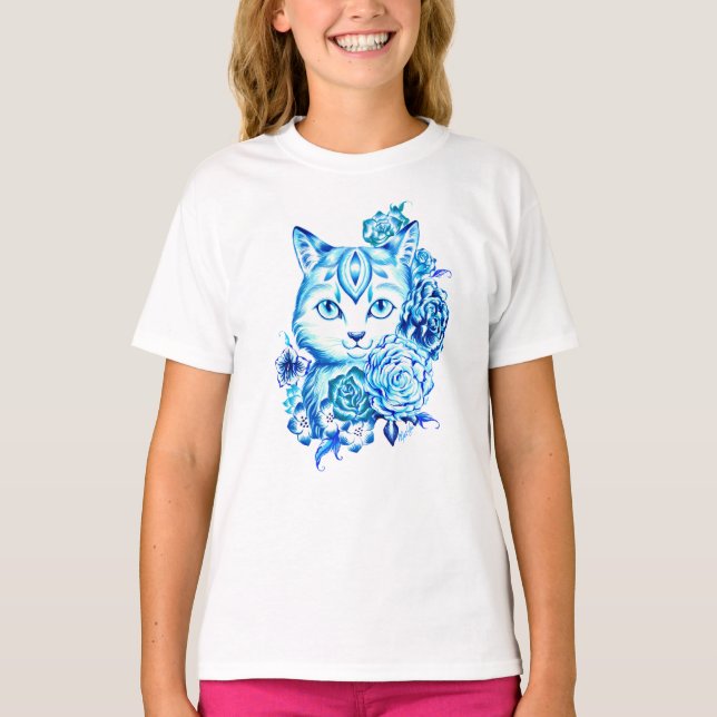 Pretty Hand Drawn 10 Blue Shades Cat Girls Tshirt (Front)