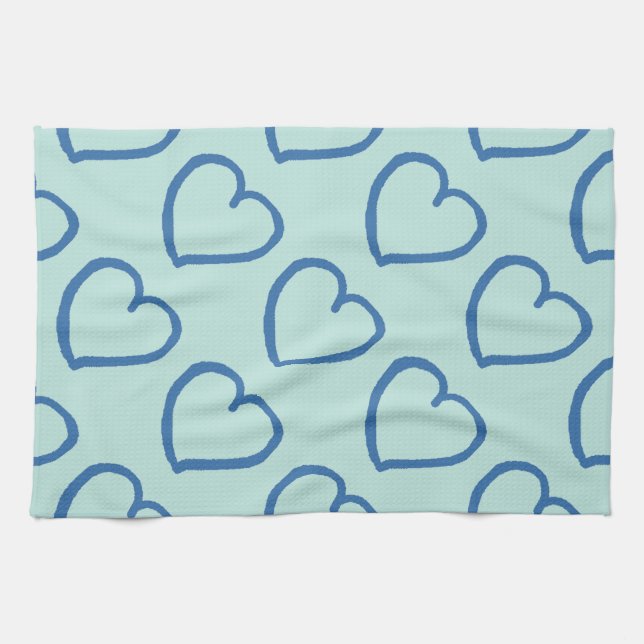 Pretty hand drawn hearts design blue on blue tea towel (Horizontal)