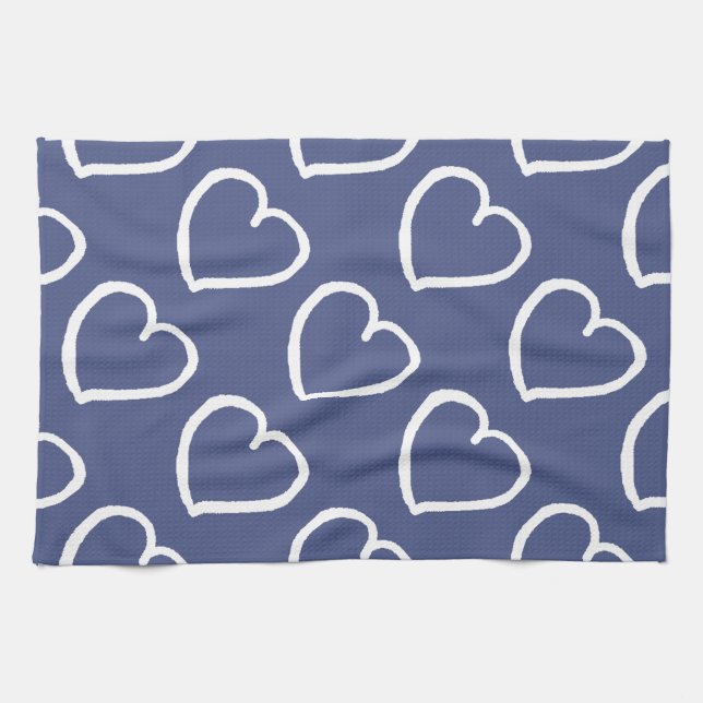 Pretty hand drawn hearts design white on dark blue tea towel (Horizontal)