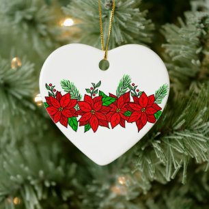 Pretty Hand drawn Poinsettias Personalised Ceramic Tree Decoration