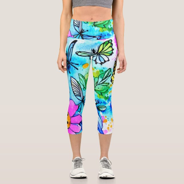 Pretty hand drawn watercolor artistic nature capri leggings (Front)